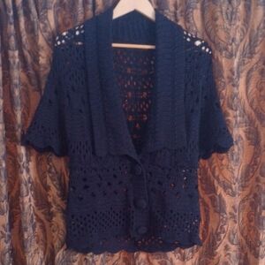 Beautiful Black Boho Crochet Flowy Deep V Short Sleeve Cardigan